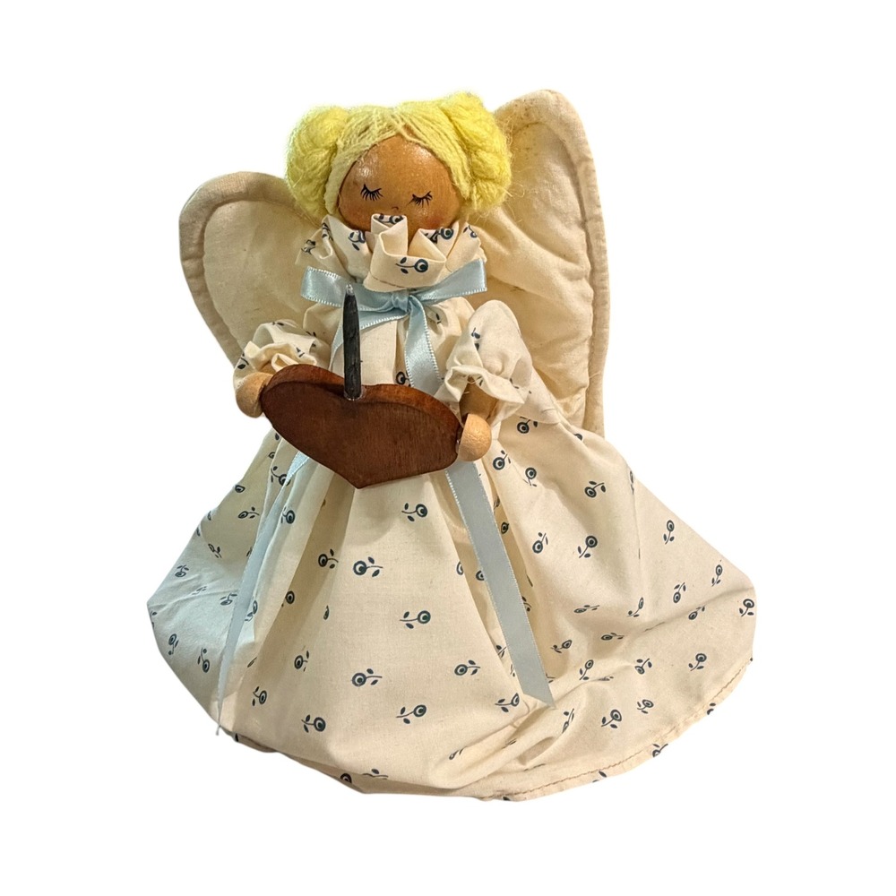 Vintage Angel Tree Topper Folk Art Wooden Head Quilted Wings Christmas Decor 8.5